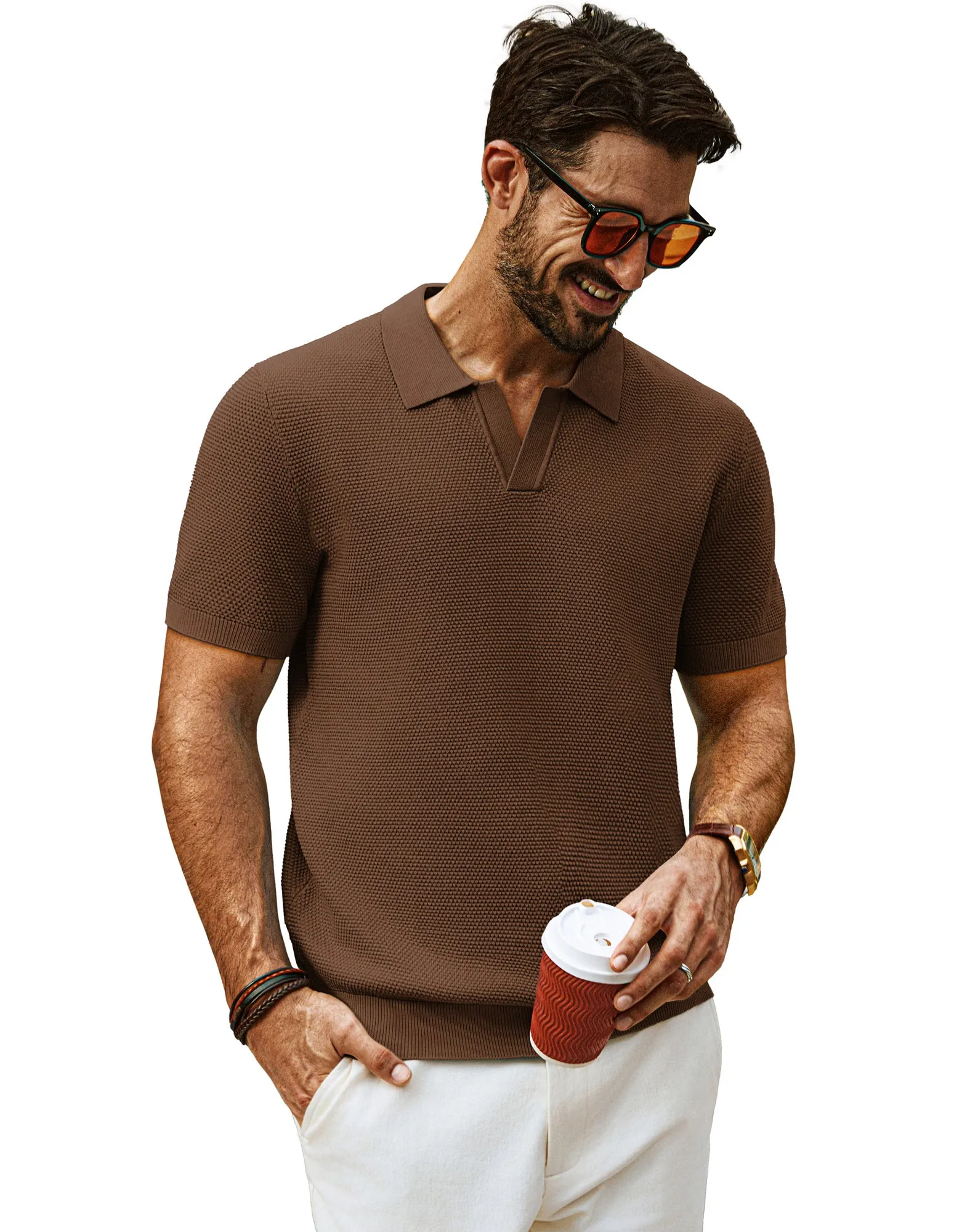 Men Pineapple Textured Polo-Shirt Short Sleeve Lapel Collar Knitwear Tops