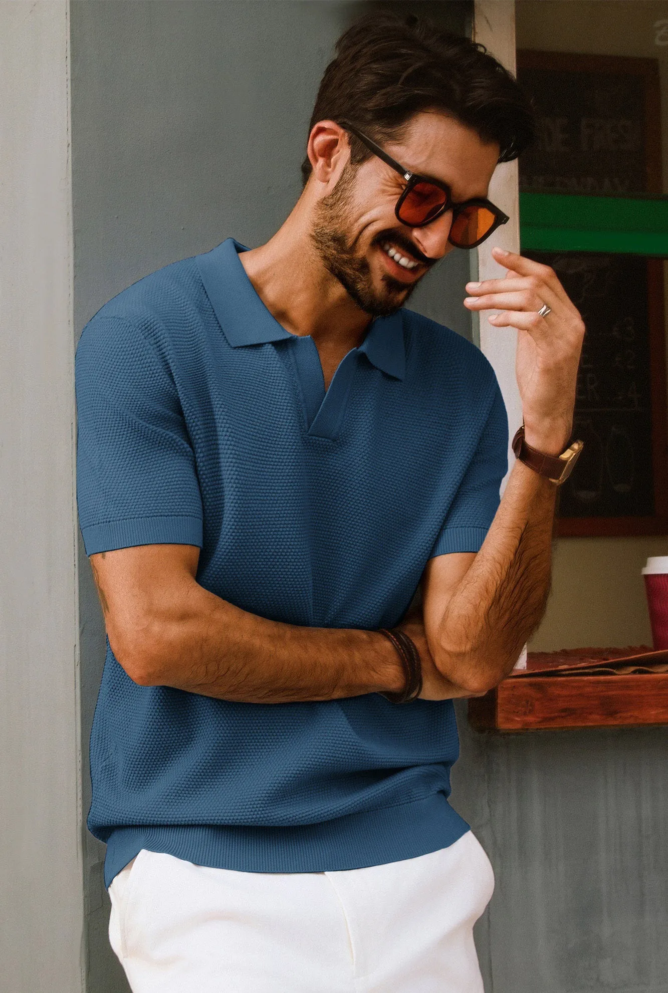 Men Pineapple Textured Polo-Shirt Short Sleeve Lapel Collar Knitwear Tops