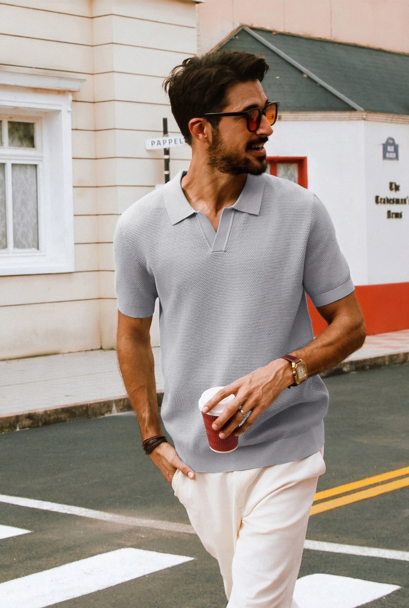 Men Pineapple Textured Polo-Shirt Short Sleeve Lapel Collar Knitwear Tops