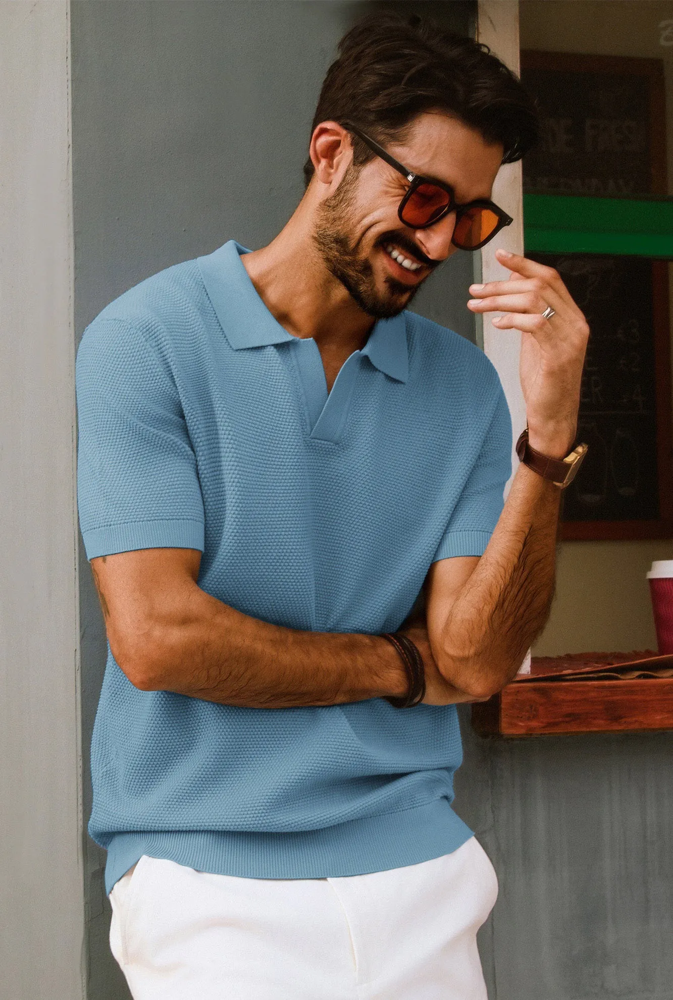 Men Pineapple Textured Polo-Shirt Short Sleeve Lapel Collar Knitwear Tops