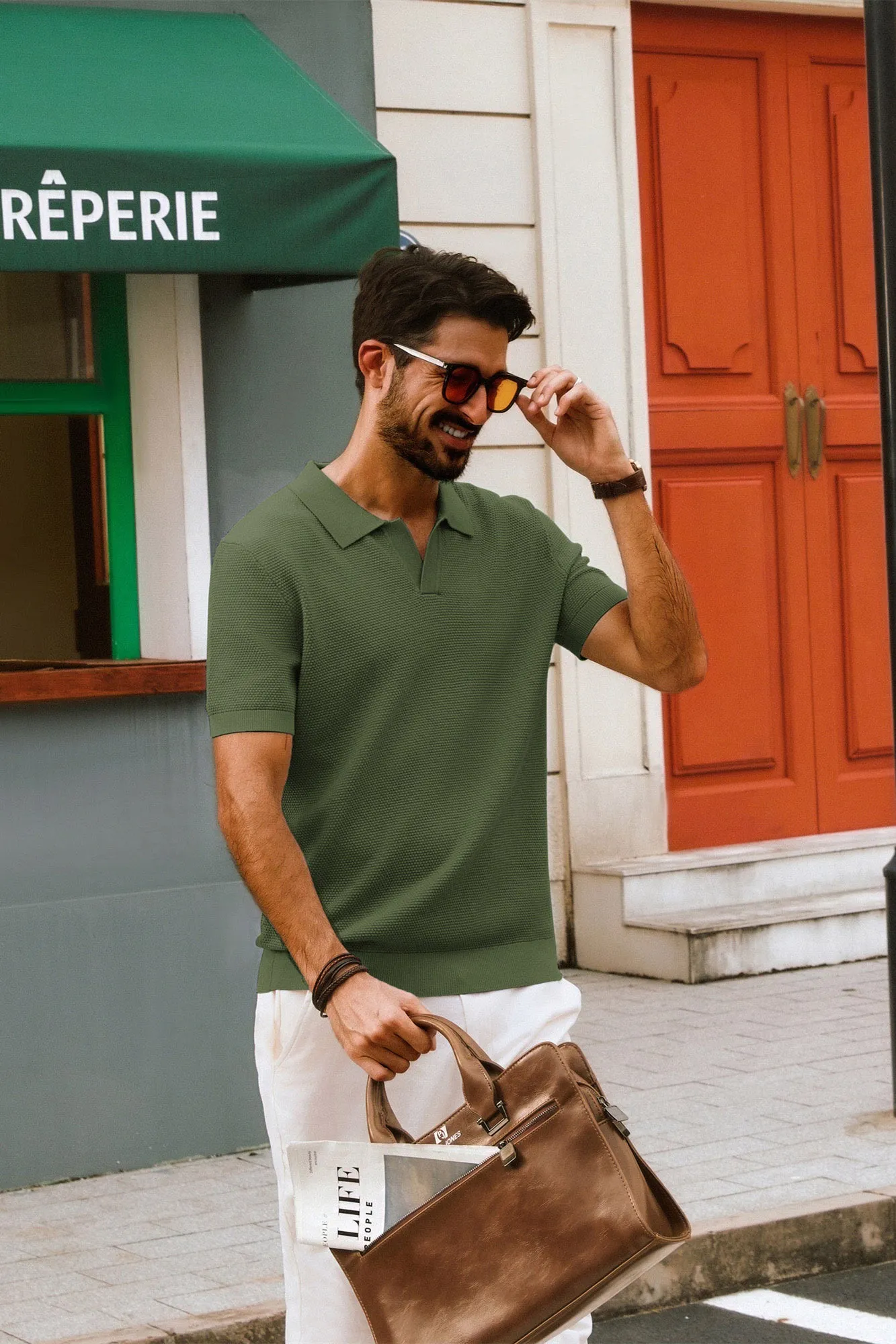 Men Pineapple Textured Polo-Shirt Short Sleeve Lapel Collar Knitwear Tops