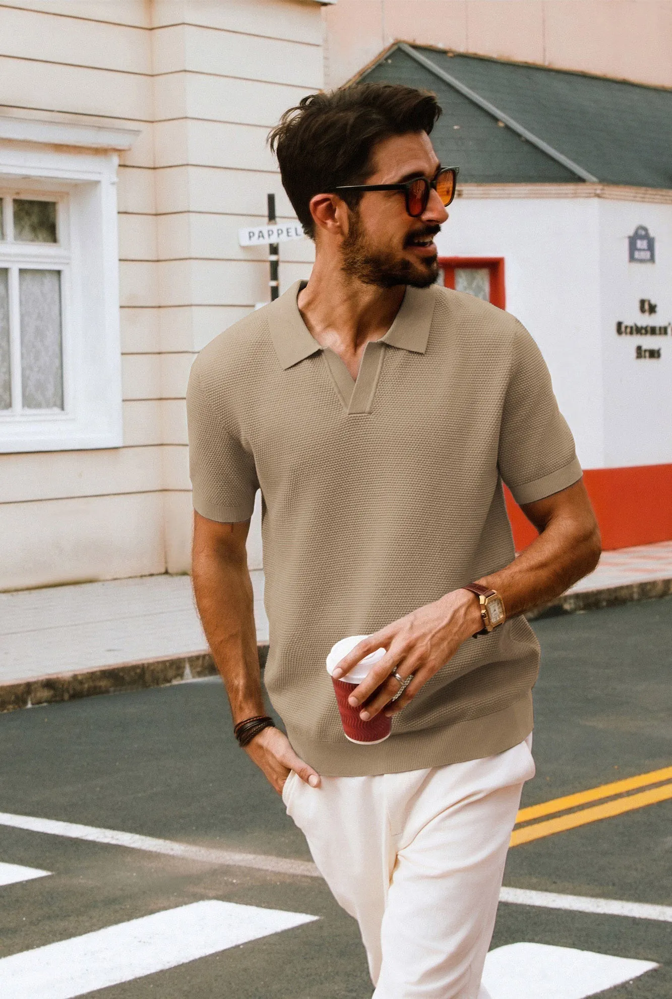 Men Pineapple Textured Polo-Shirt Short Sleeve Lapel Collar Knitwear Tops