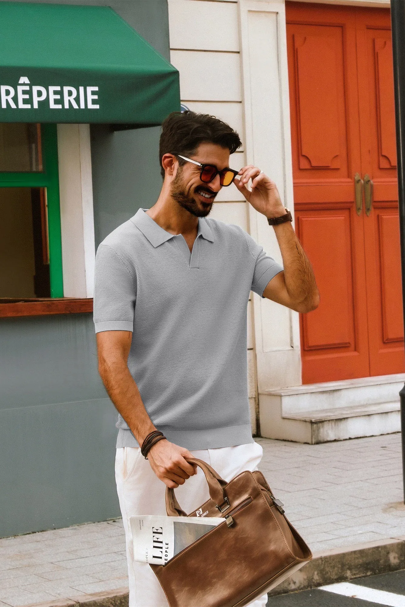 Men Pineapple Textured Polo-Shirt Short Sleeve Lapel Collar Knitwear Tops