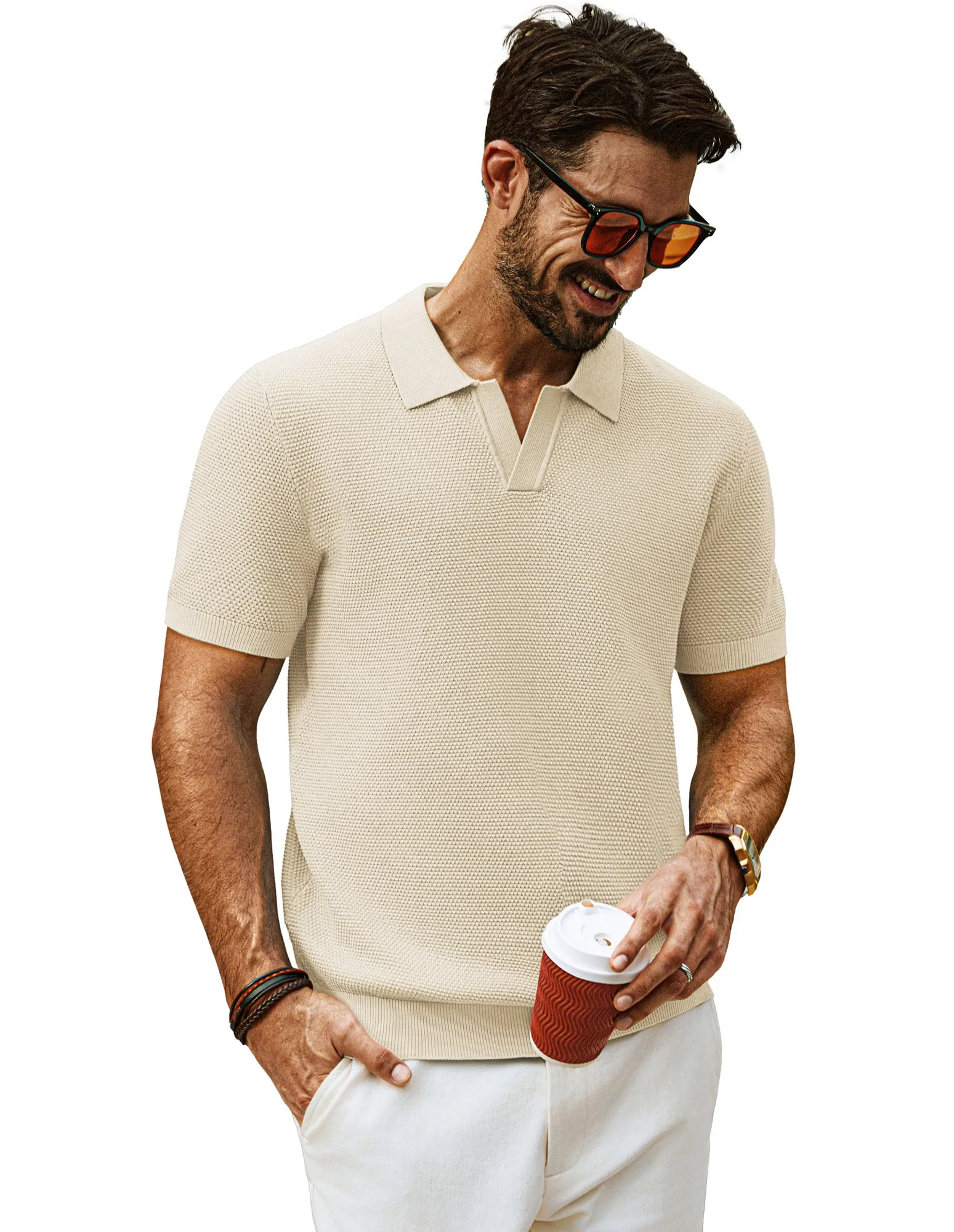 Men Pineapple Textured Polo-Shirt Short Sleeve Lapel Collar Knitwear Tops