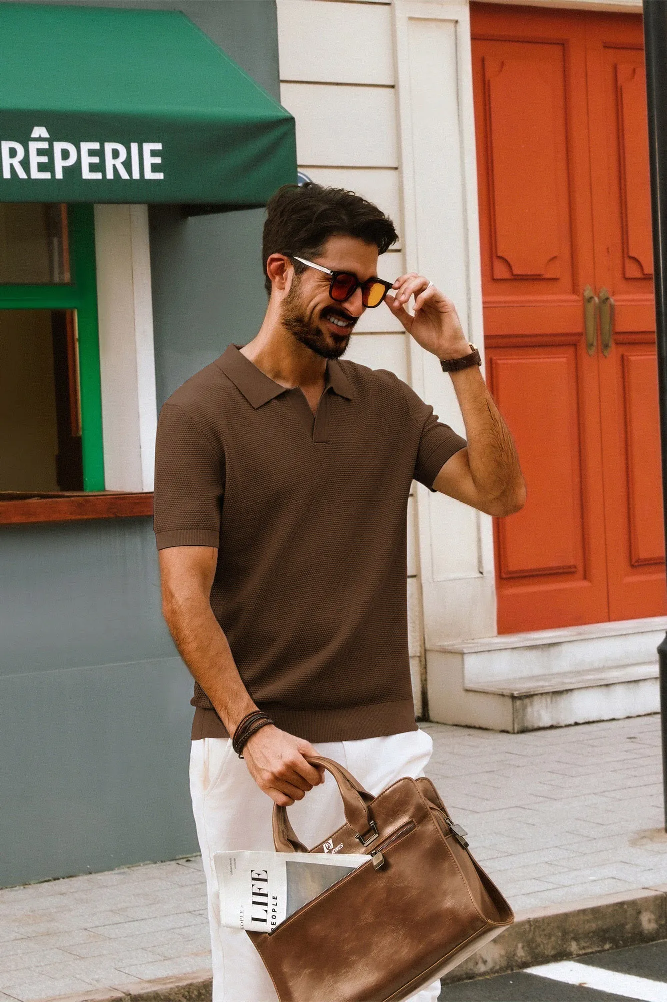 Men Pineapple Textured Polo-Shirt Short Sleeve Lapel Collar Knitwear Tops