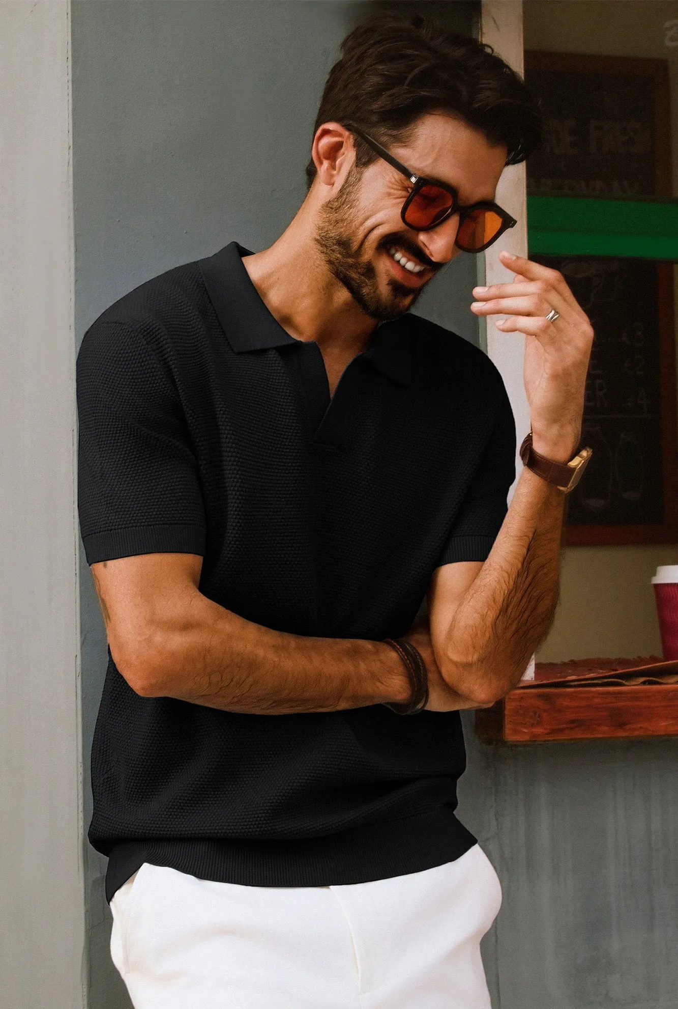 Men Pineapple Textured Polo-Shirt Short Sleeve Lapel Collar Knitwear Tops