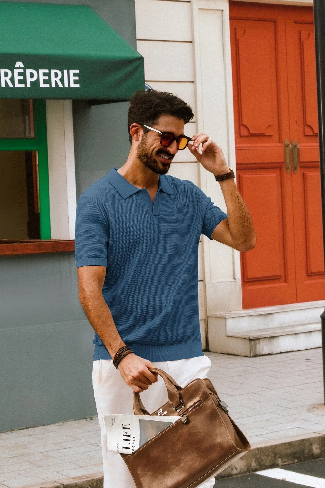 Men Pineapple Textured Polo-Shirt Short Sleeve Lapel Collar Knitwear Tops