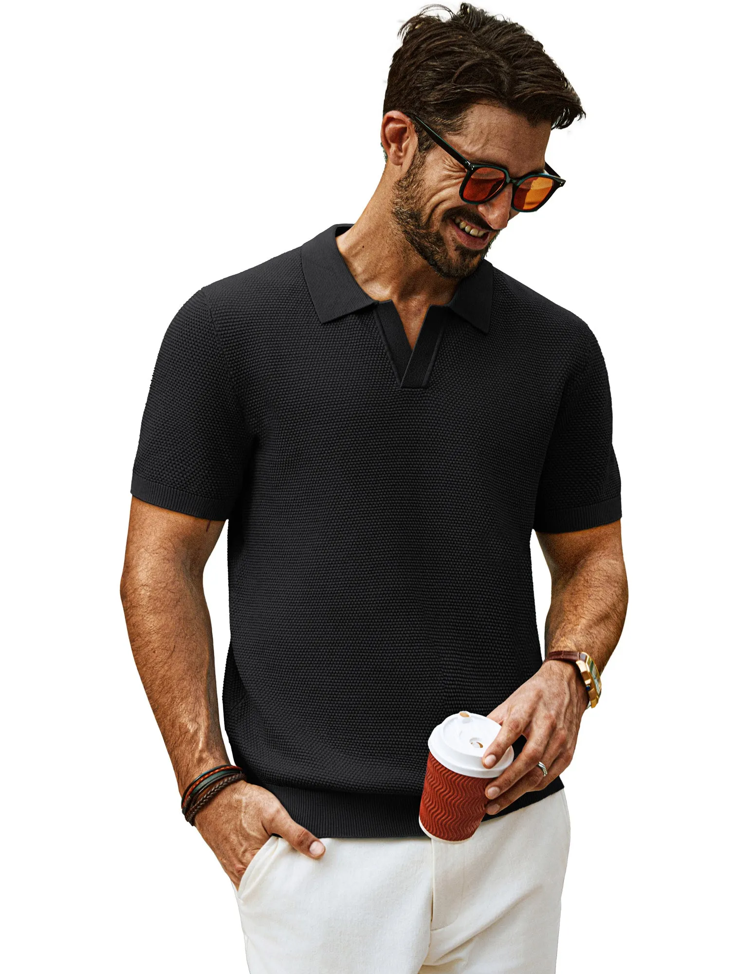 Men Pineapple Textured Polo-Shirt Short Sleeve Lapel Collar Knitwear Tops