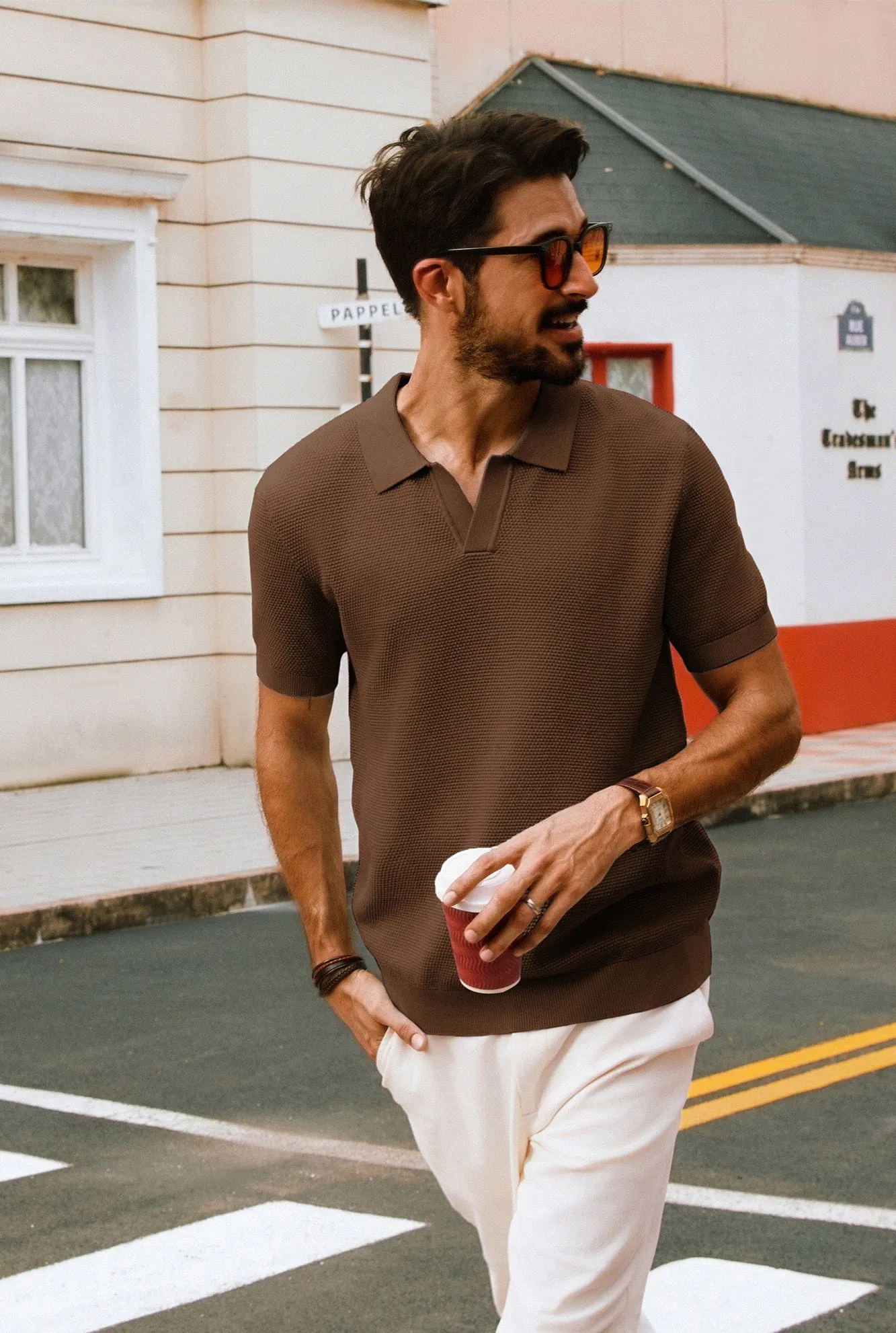 Men Pineapple Textured Polo-Shirt Short Sleeve Lapel Collar Knitwear Tops