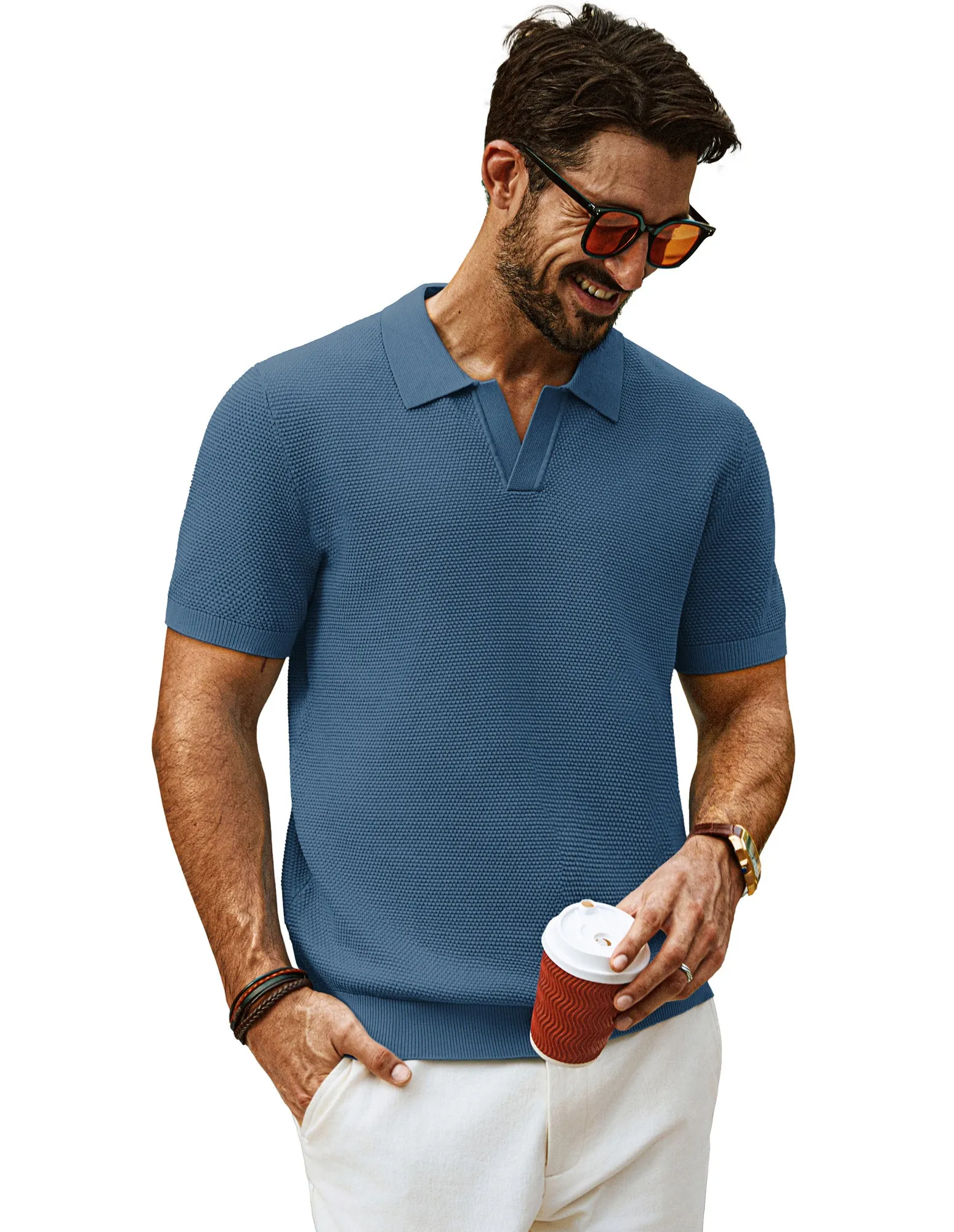 Men Pineapple Textured Polo-Shirt Short Sleeve Lapel Collar Knitwear Tops