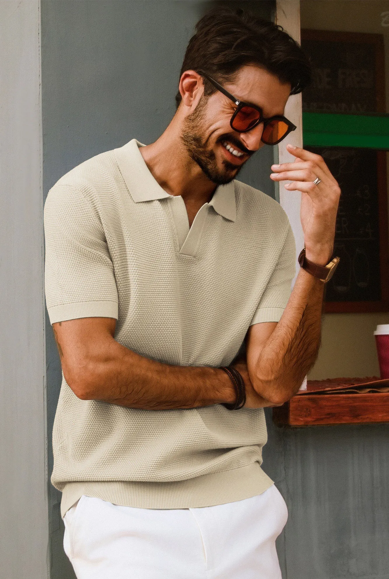 Men Pineapple Textured Polo-Shirt Short Sleeve Lapel Collar Knitwear Tops