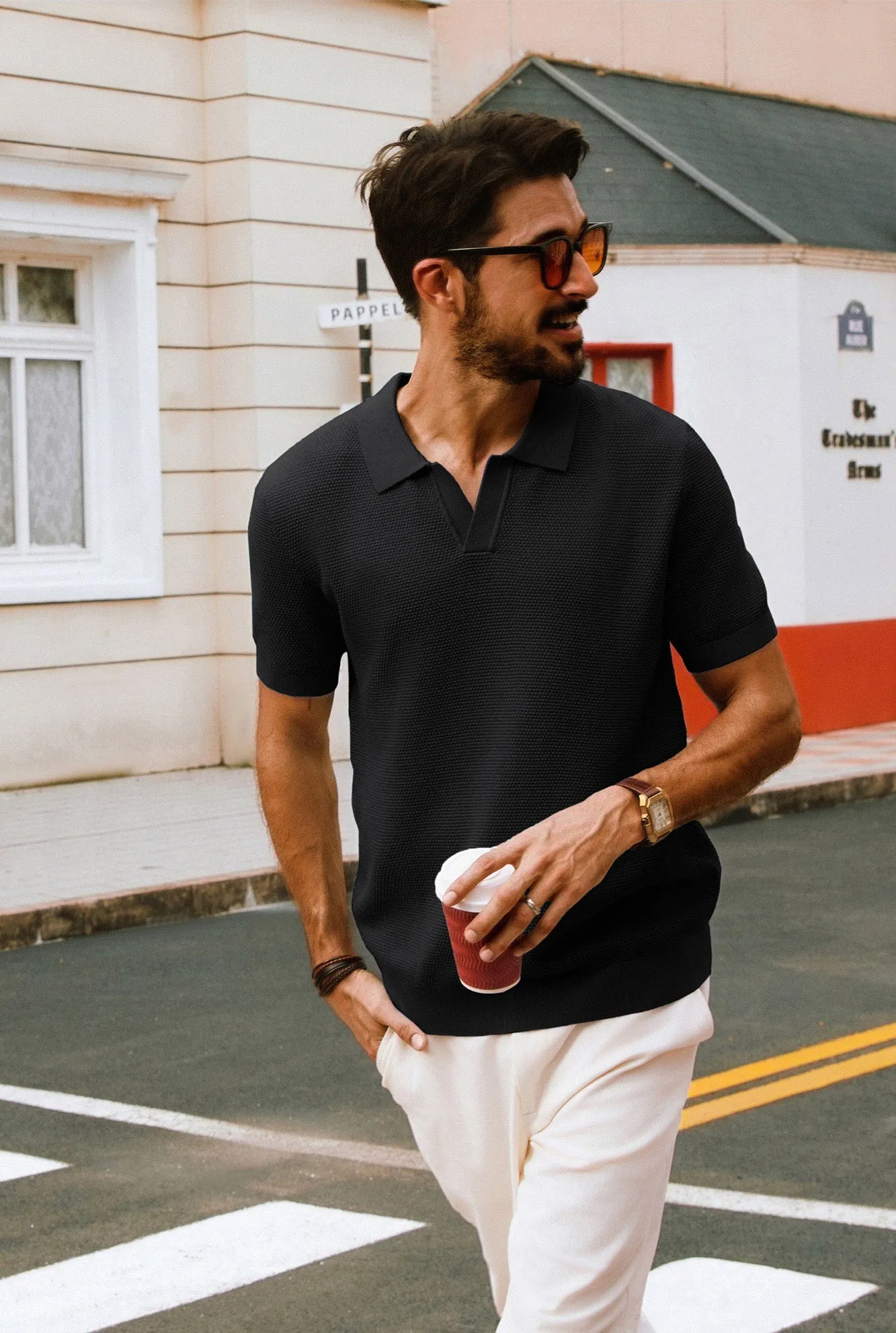 Men Pineapple Textured Polo-Shirt Short Sleeve Lapel Collar Knitwear Tops