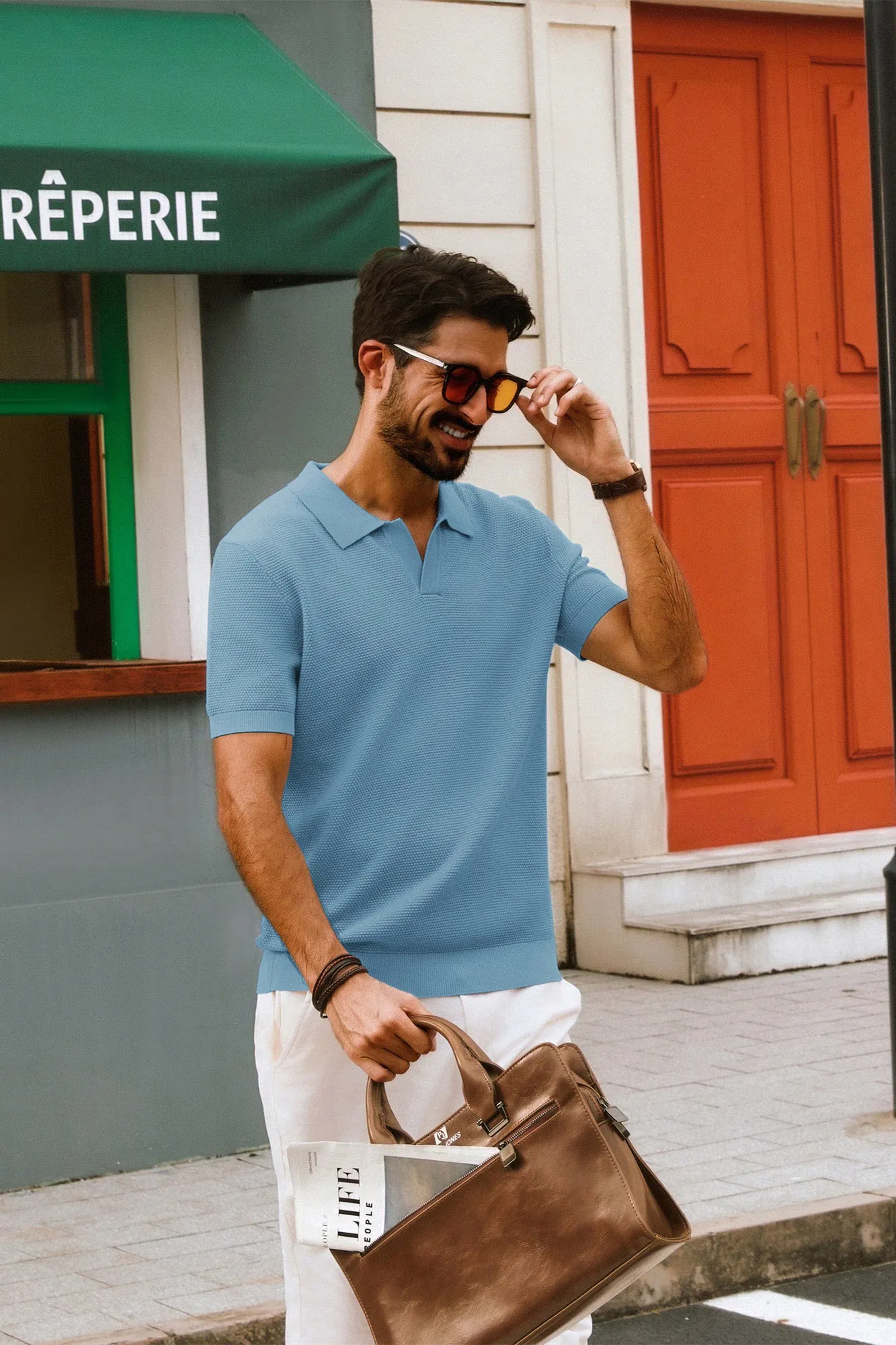 Men Pineapple Textured Polo-Shirt Short Sleeve Lapel Collar Knitwear Tops