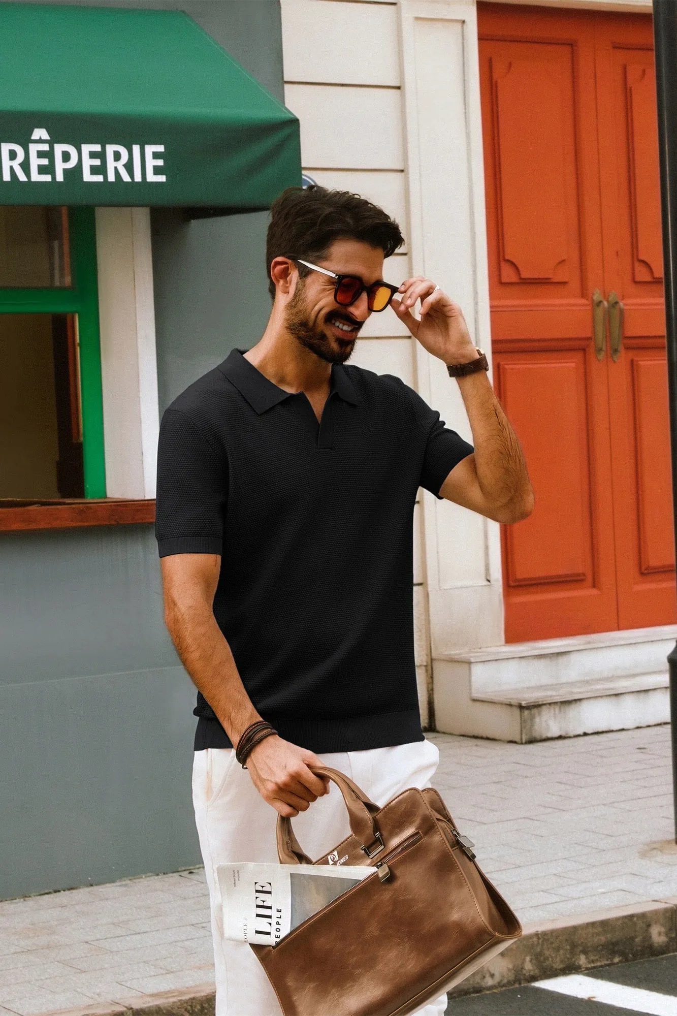 Men Pineapple Textured Polo-Shirt Short Sleeve Lapel Collar Knitwear Tops