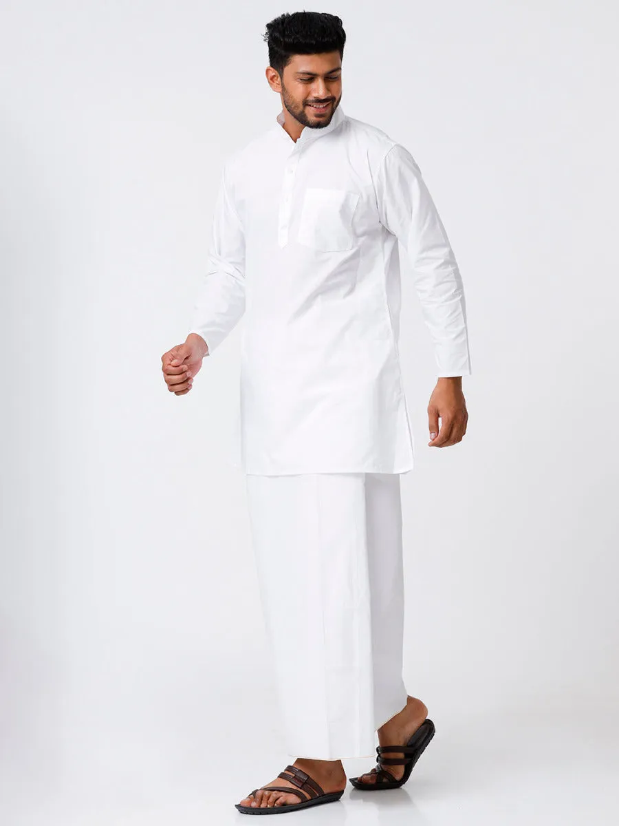 Mens Cotton Full Sleeve White Medium Kurta Top with Stitched Prayer Dhoti Combo Samraj