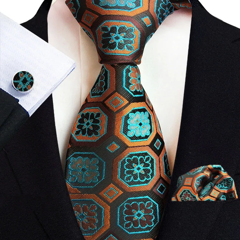 Men’s Paisley Three-Piece Suit Accessories Set – Tie, Square Scarf & Cufflinks
