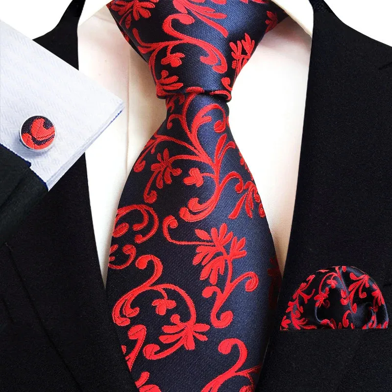 Men’s Paisley Three-Piece Suit Accessories Set – Tie, Square Scarf & Cufflinks