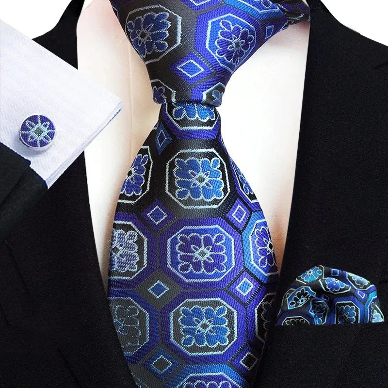 Men’s Paisley Three-Piece Suit Accessories Set – Tie, Square Scarf & Cufflinks