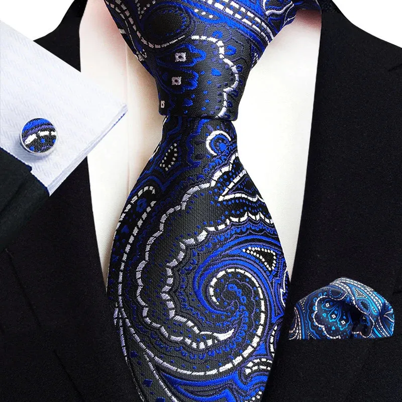 Men’s Paisley Three-Piece Suit Accessories Set – Tie, Square Scarf & Cufflinks