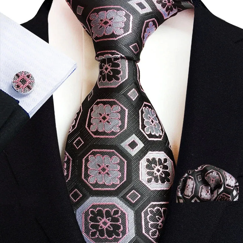 Men’s Paisley Three-Piece Suit Accessories Set – Tie, Square Scarf & Cufflinks