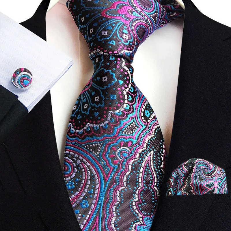 Men’s Paisley Three-Piece Suit Accessories Set – Tie, Square Scarf & Cufflinks