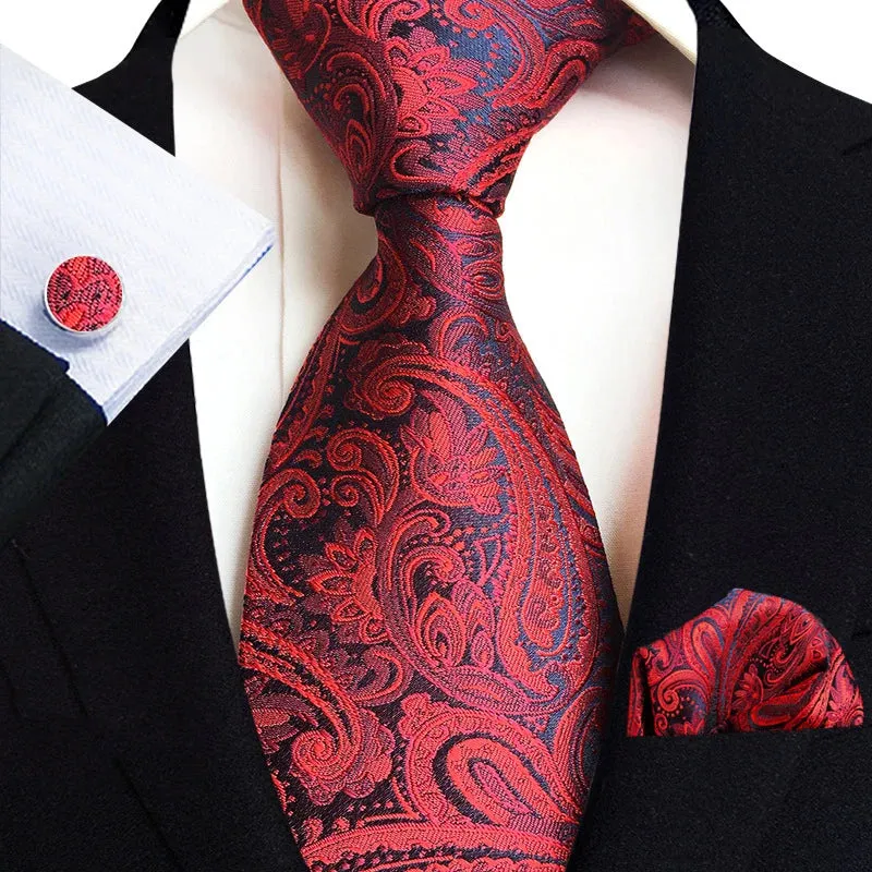 Men’s Paisley Three-Piece Suit Accessories Set – Tie, Square Scarf & Cufflinks