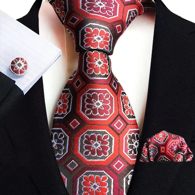 Men’s Paisley Three-Piece Suit Accessories Set – Tie, Square Scarf & Cufflinks