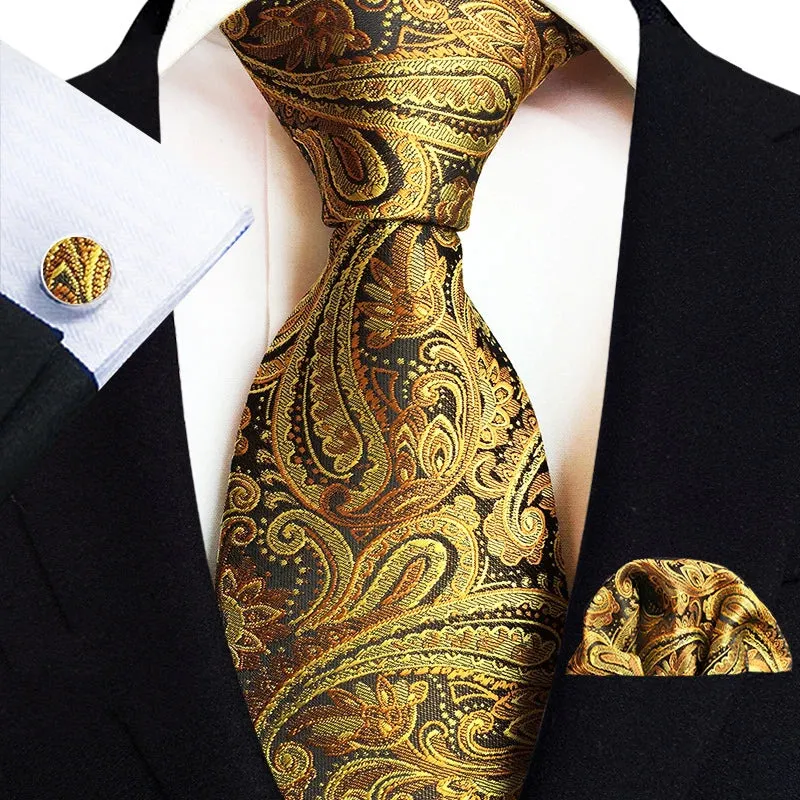 Men’s Paisley Three-Piece Suit Accessories Set – Tie, Square Scarf & Cufflinks