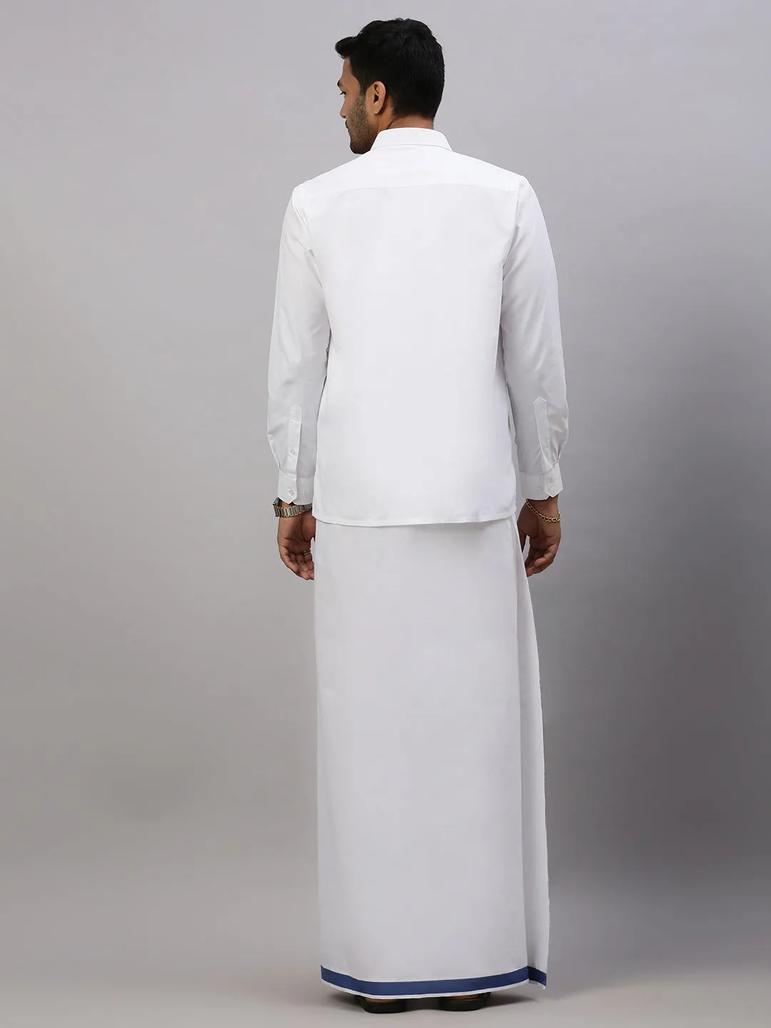 Mens White Shirt with Blue Fancy Border Dhoti Combo WP16
