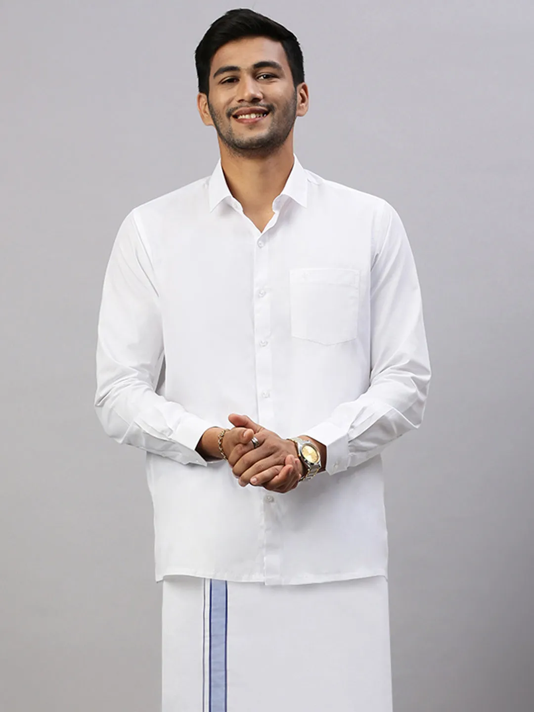 Mens White Shirt with Blue Fancy Border Dhoti Combo WP16