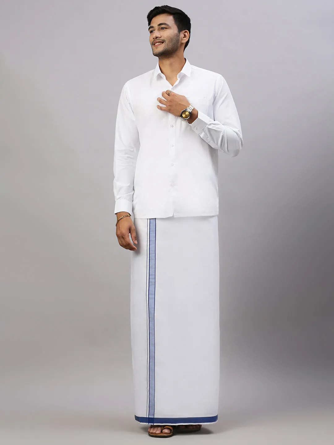 Mens White Shirt with Blue Fancy Border Dhoti Combo WP16