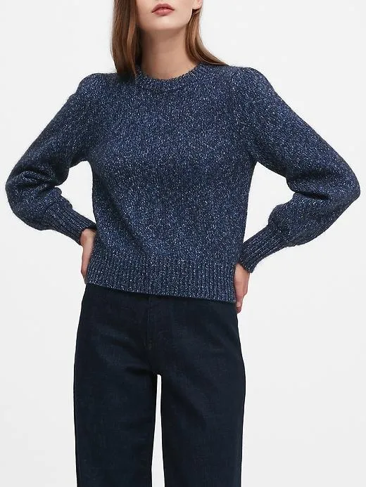 Metallic Puff-Sleeve Sweater in Navy Sparkle
