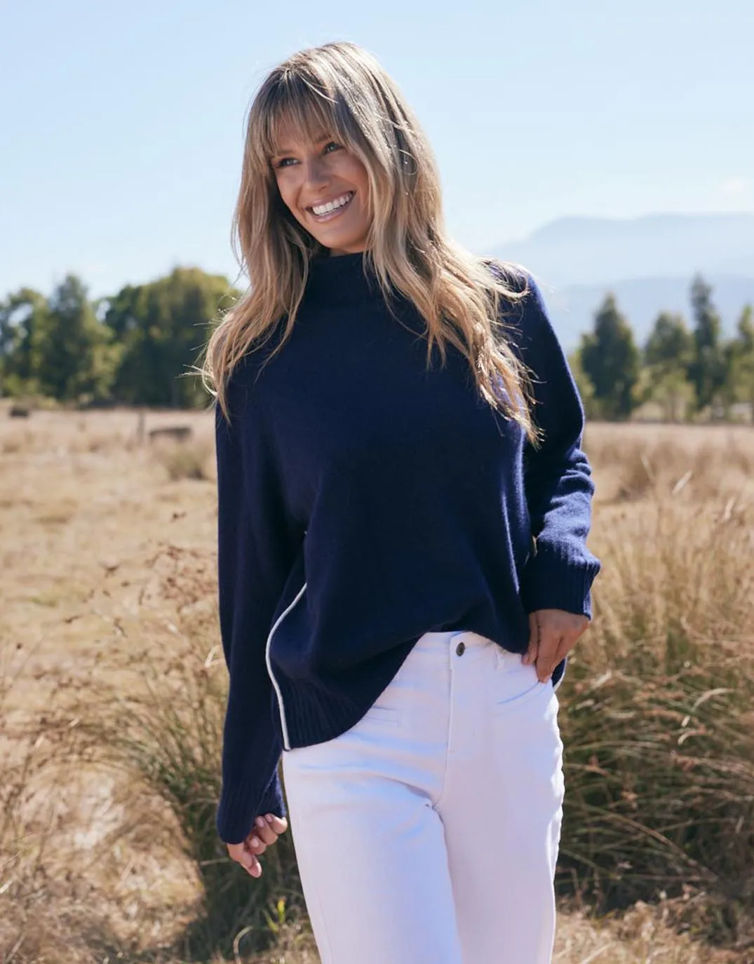 Montreal Mock Neck Knit Jumper - Navy/White