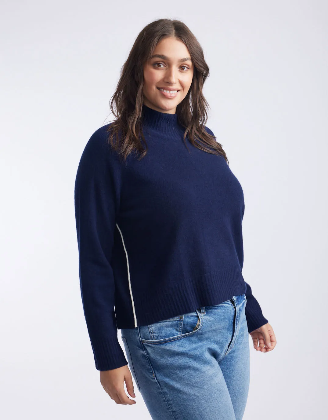Montreal Mock Neck Knit Jumper - Navy/White