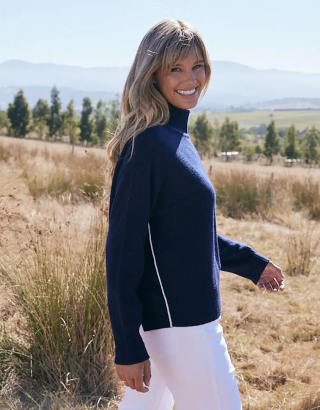 Montreal Mock Neck Knit Jumper - Navy/White