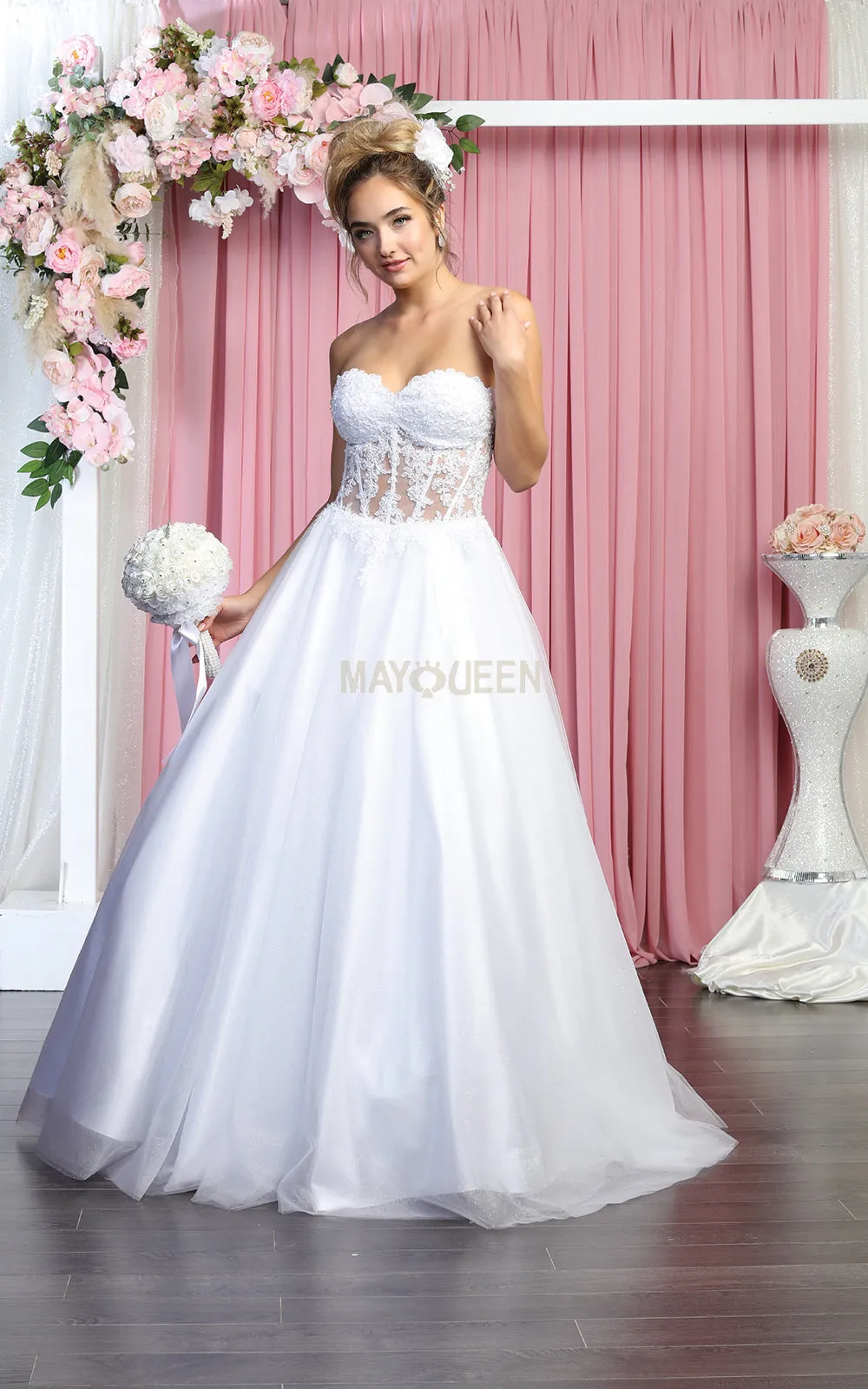 MQ LK141  - Strapless A-Line Quinceanera Ball Gown with Sheer Lace Appliqué Boned Corset Bodice & Layered Shimmer Tulle Skirt