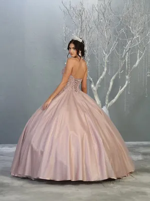 MQ LK141  - Strapless A-Line Quinceanera Ball Gown with Sheer Lace Appliqué Boned Corset Bodice & Layered Shimmer Tulle Skirt