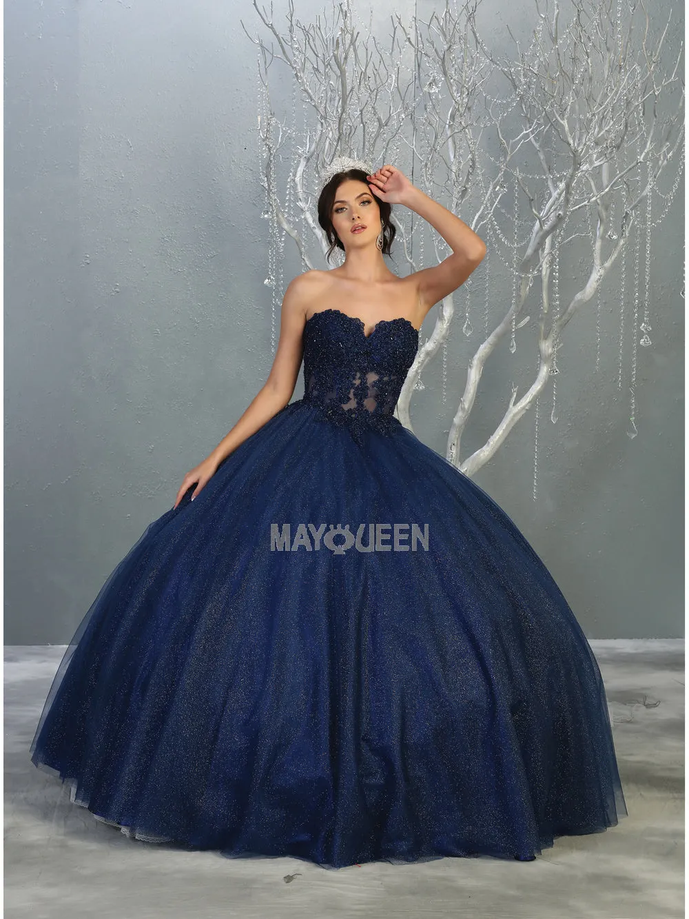 MQ LK141  - Strapless A-Line Quinceanera Ball Gown with Sheer Lace Appliqué Boned Corset Bodice & Layered Shimmer Tulle Skirt