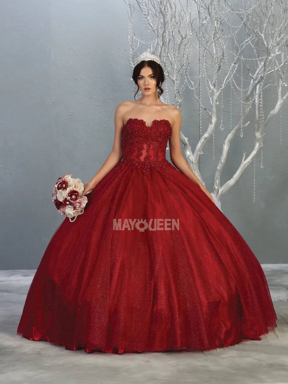 MQ LK141  - Strapless A-Line Quinceanera Ball Gown with Sheer Lace Appliqué Boned Corset Bodice & Layered Shimmer Tulle Skirt