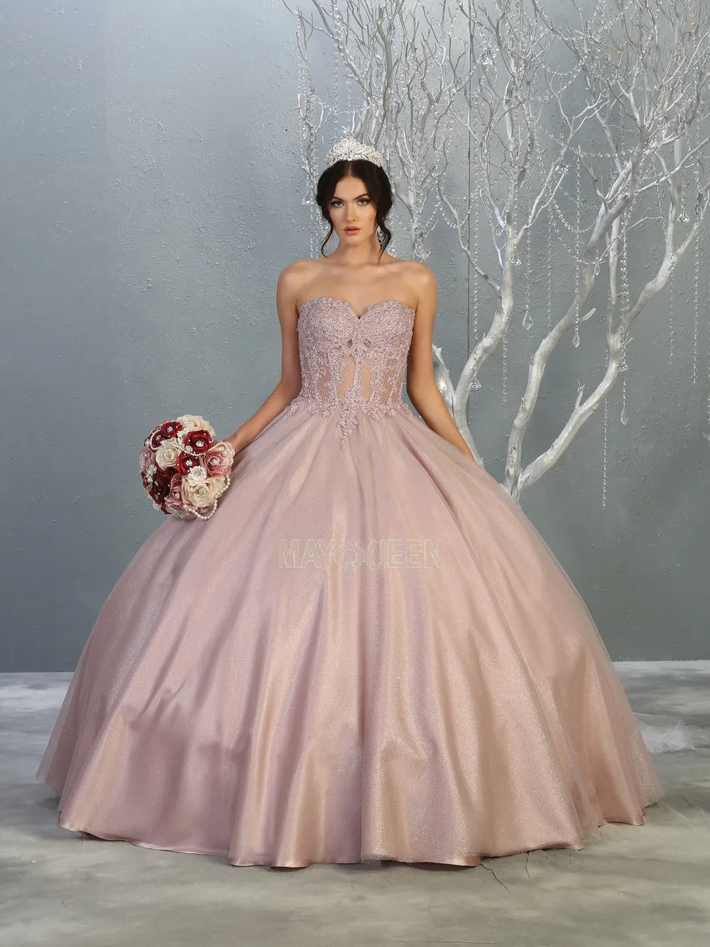 MQ LK141  - Strapless A-Line Quinceanera Ball Gown with Sheer Lace Appliqué Boned Corset Bodice & Layered Shimmer Tulle Skirt