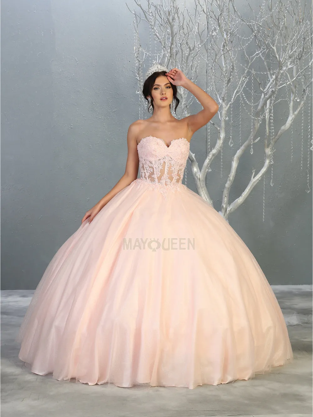 MQ LK141  - Strapless A-Line Quinceanera Ball Gown with Sheer Lace Appliqué Boned Corset Bodice & Layered Shimmer Tulle Skirt