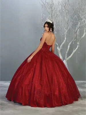 MQ LK141  - Strapless A-Line Quinceanera Ball Gown with Sheer Lace Appliqué Boned Corset Bodice & Layered Shimmer Tulle Skirt
