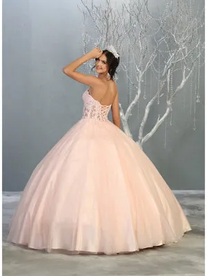 MQ LK141  - Strapless A-Line Quinceanera Ball Gown with Sheer Lace Appliqué Boned Corset Bodice & Layered Shimmer Tulle Skirt