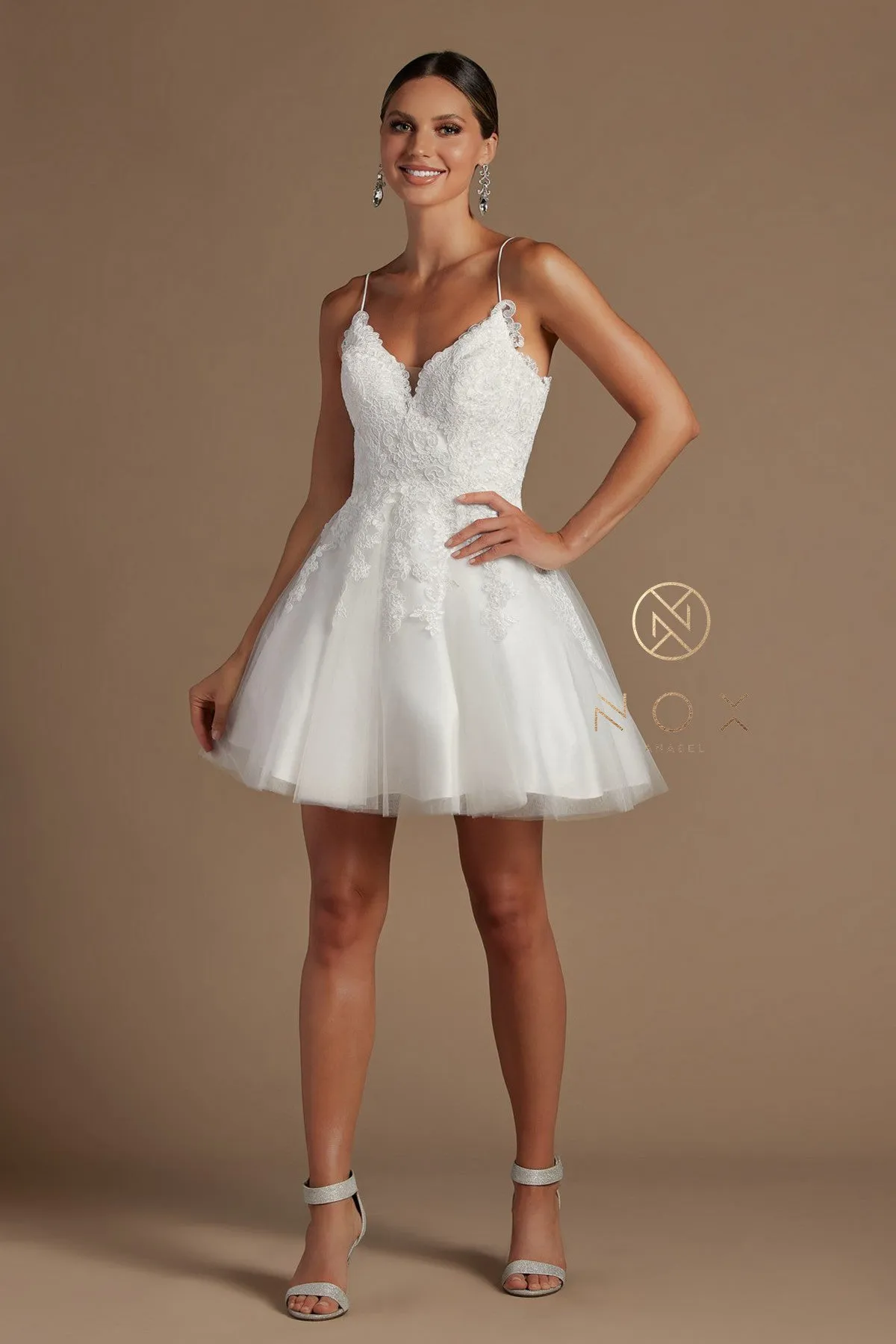 N R707 - Beaded Applique Bodice A-Line Homecoming Dress with Layered Tulle Skirt & Open Lace Up Corset Back