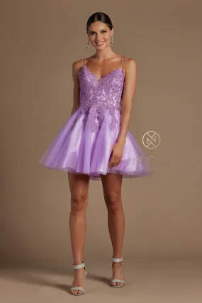 N R707 - Beaded Applique Bodice A-Line Homecoming Dress with Layered Tulle Skirt & Open Lace Up Corset Back