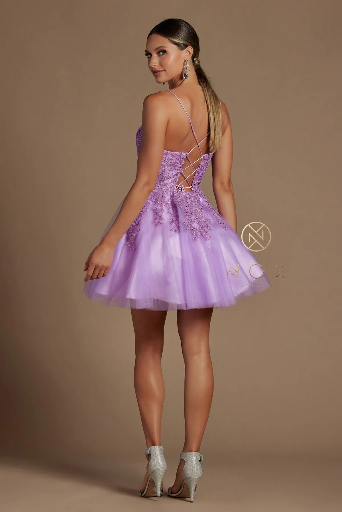 N R707 - Beaded Applique Bodice A-Line Homecoming Dress with Layered Tulle Skirt & Open Lace Up Corset Back