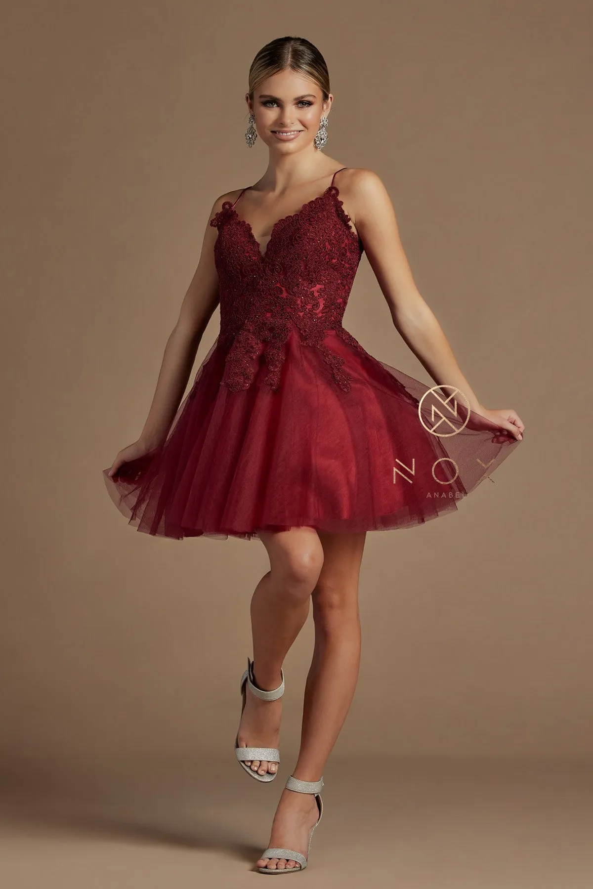 N R707 - Beaded Applique Bodice A-Line Homecoming Dress with Layered Tulle Skirt & Open Lace Up Corset Back