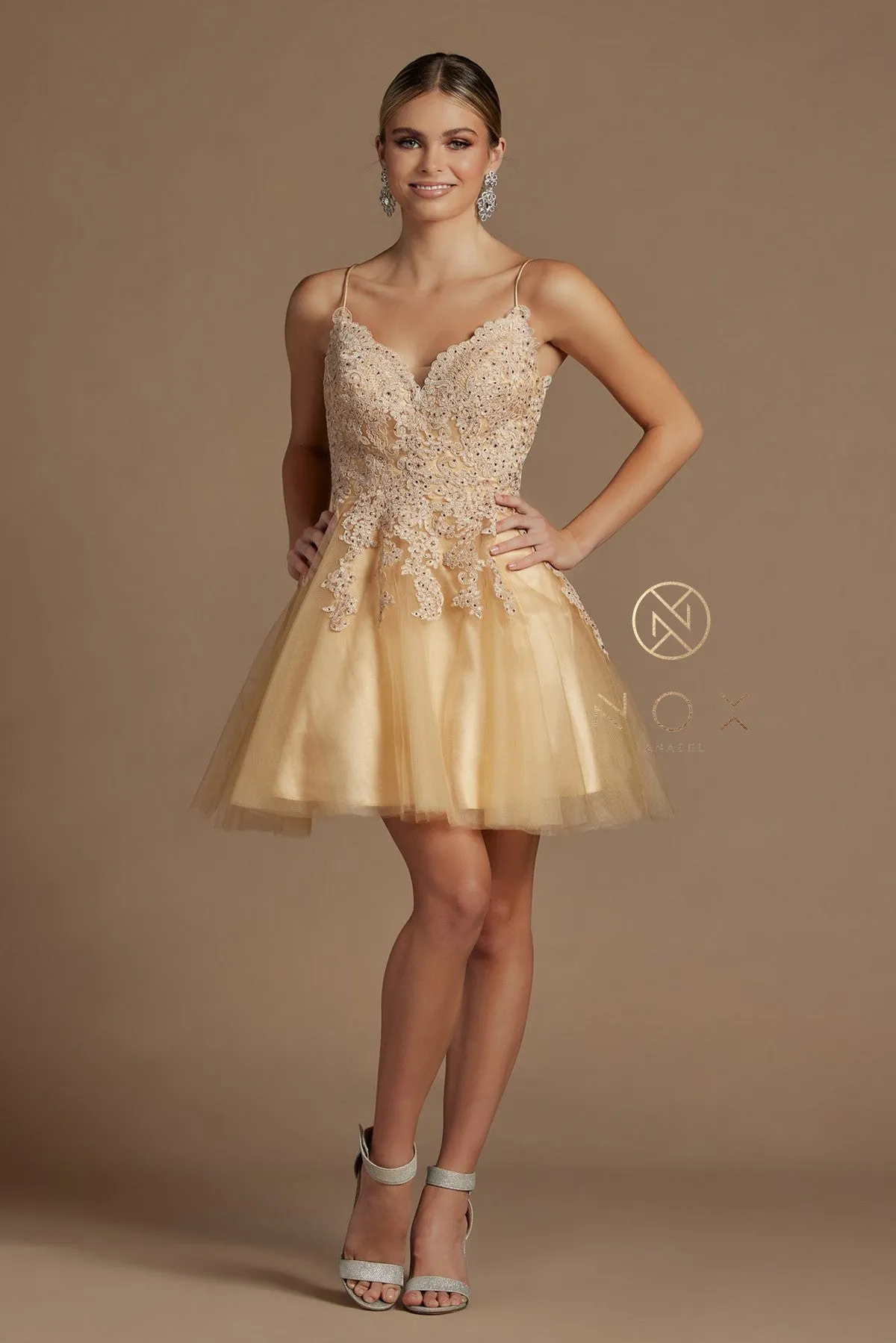 N R707 - Beaded Applique Bodice A-Line Homecoming Dress with Layered Tulle Skirt & Open Lace Up Corset Back