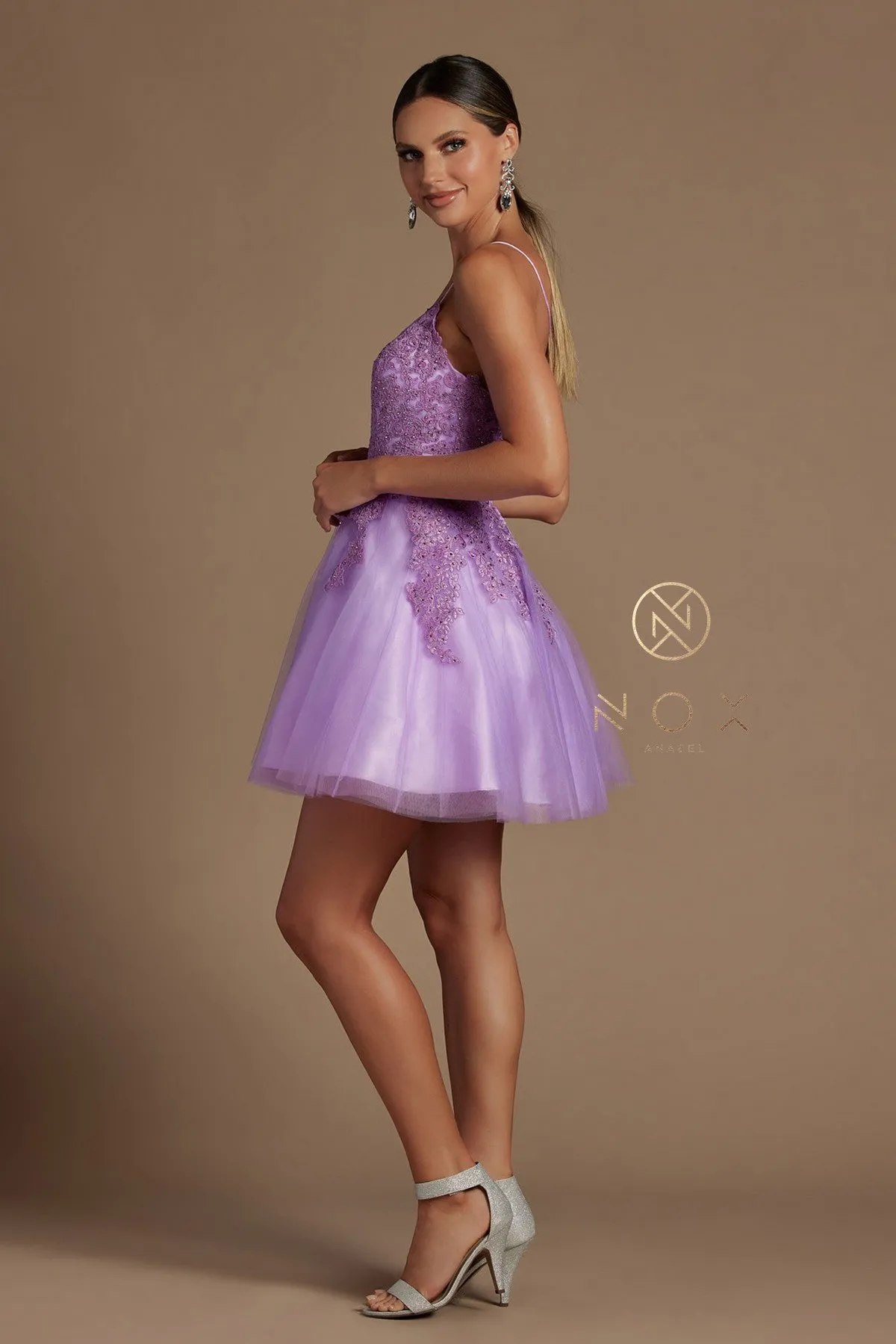 N R707 - Beaded Applique Bodice A-Line Homecoming Dress with Layered Tulle Skirt & Open Lace Up Corset Back