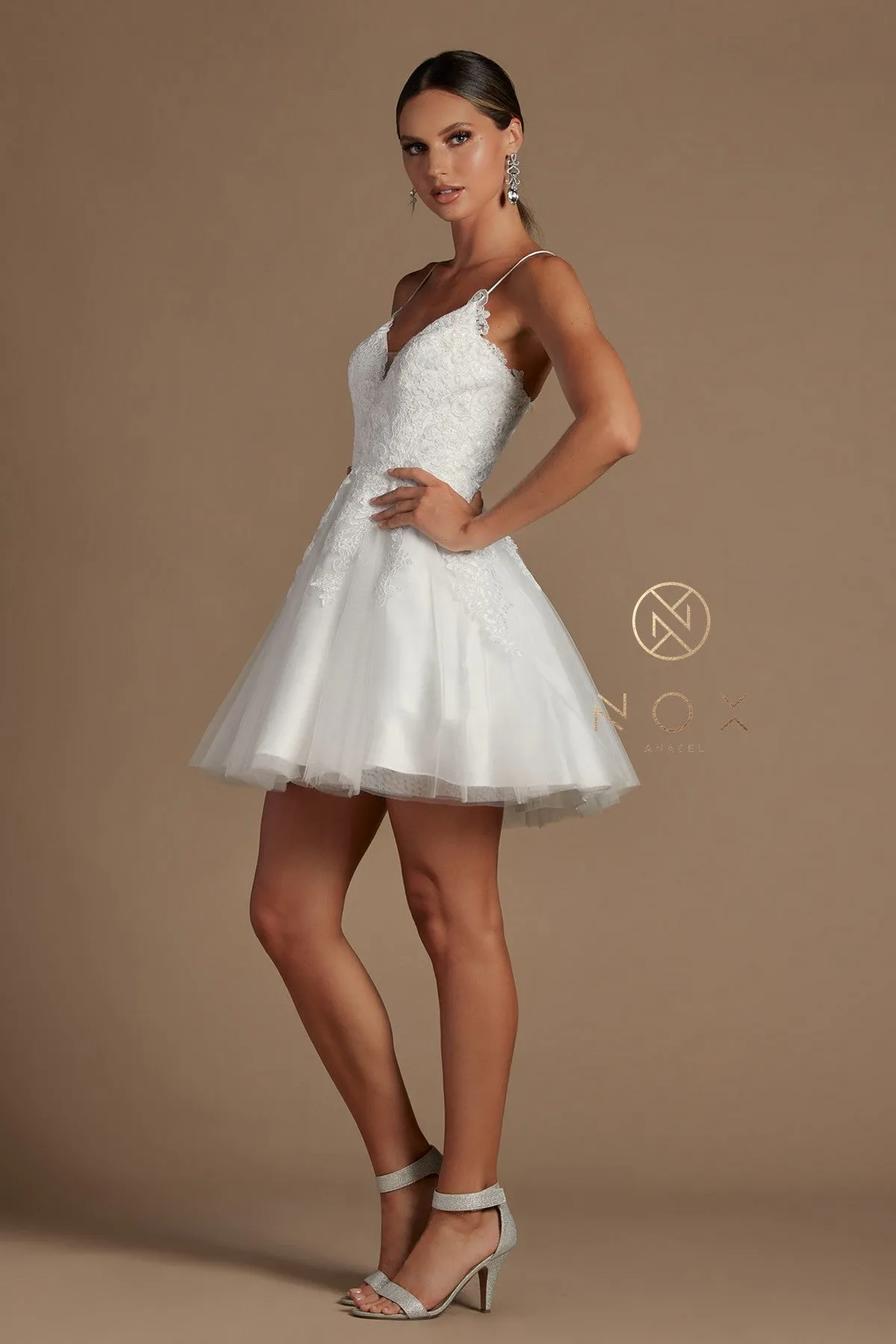 N R707 - Beaded Applique Bodice A-Line Homecoming Dress with Layered Tulle Skirt & Open Lace Up Corset Back